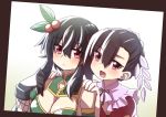  2girls :d bangs bare_shoulders black_gloves black_hair blush braid breasts brown_hair character_request china_dress chinese_clothes cleavage cleavage_cutout closed_mouth dress eyebrows_visible_through_hair flower_knight_girl gajumaru_(flower_knight_girl) gloves green_dress hair_between_eyes hair_ornament hand_up hands_on_another&#039;s_shoulders hands_up long_hair looking_at_viewer medium_breasts mizunashi_(second_run) multicolored_hair multiple_girls open_mouth red_eyes redhead sleeveless sleeveless_dress smile streaked_hair 