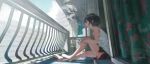  1girl barefoot black_hair blue_eyes building commentary_request curtains electronic_cigarette from_side hanging highres legs original outdoors railing reoen shirt short_hair short_shorts shorts sitting sky smoking summer t-shirt white_tank_top 