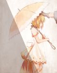  1boy 1girl black_hairband blonde_hair dress edna_(tales) from_side hairband holding holding_umbrella mishiro_(andante) off_shoulder orange_ribbon ribbon short_dress short_hair sleeveless sleeveless_dress standing tales_of_(series) tales_of_zestiria umbrella white_dress 