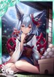  1girl akkijin animal_ears bangs card_(medium) fireflies flower food fox_ears fox_tail full_moon holding indoors japanese_clothes kimono looking_at_viewer moon obi official_art rattle red_eyes sash seiza shinkai_no_valkyrie silver_hair sitting tail 