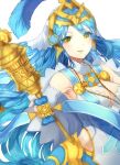  1girl aqua_(fire_emblem_if) bangs bare_shoulders blue_hair breasts cleavage commentary_request detached_collar dress elbow_gloves eyebrows_visible_through_hair eyes_visible_through_hair fire_emblem fire_emblem_heroes fire_emblem_if gloves hair_between_eyes holding holding_staff jewelry jurge looking_at_viewer necklace nintendo smile staff veil white_dress yellow_eyes 