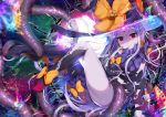  1girl abigail_williams_(fate/grand_order) akirannu ass bangs black_bow black_hat black_legwear black_panties bow bug butterfly commentary_request fate/grand_order fate_(series) glowing hat hat_bow insect kneehighs legs_up long_hair looking_at_viewer night night_sky no_shoes orange_bow pale_skin panties parted_bangs parted_lips red_eyes revealing_clothes silver_hair single_kneehigh single_thighhigh sky solo star_(sky) starry_sky tentacle thigh-highs topless transparent underwear very_long_hair witch_hat 