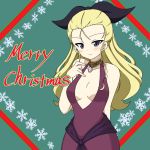  1girl arm_behind_back assam black_ribbon blonde_hair blue_eyes breasts brooch closed_mouth commentary_request dress english_text formal girls_und_panzer green_background hair_pulled_back hair_ribbon hand_on_own_chest ichinose_jun jewelry long_hair looking_at_viewer medium_breasts merry_christmas necklace no_bra partial_commentary purple_dress ribbon sash school_uniform sleeveless sleeveless_dress smile snowflake_print solo standing 