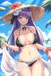  1girl bangs beach bikini black_bikini blue_eyes blue_sky blunt_bangs blush breasts cenangam choker cleavage clouds collarbone cross day dutch_angle earrings eyebrows_visible_through_hair fate/grand_order fate_(series) flower hat hat_flower jewelry large_breasts long_hair looking_at_viewer navel ocean open_mouth orange_scrunchie outdoors palm_tree purple_hair ribbon saint_martha sand sarong scrunchie sidelocks skindentation sky smile solo straw_hat sun_hat swimsuit tree very_long_hair wrist_scrunchie 