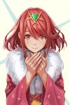  1girl bangs earrings fur_collar highres pyra_(xenoblade) japanese_clothes jewelry kimono looking_at_viewer nintendo obi red_eyes redhead redpoke sash short_hair smile swept_bangs tiara wide_sleeves xenoblade_(series) xenoblade_2 yukata 