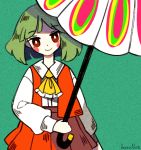 1girl arm_at_side arm_up artist_name blush_stickers closed_mouth ferricblue green_hair holding holding_umbrella kazami_yuuka long_sleeves lowres neckerchief parasol pleated_skirt red_skirt short_hair skirt smile solo touhou umbrella yellow_neckwear 