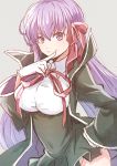  1girl bb_(fate)_(all) bb_(fate/extra_ccc) breasts fate/extra fate/extra_ccc fate_(series) floating_hair gloves grey_background hair_between_eyes hair_ribbon hand_on_hip index_finger_raised large_breasts long_hair long_sleeves mishiro_(andante) purple_hair red_ribbon ribbon shiny shiny_hair simple_background solo standing very_long_hair violet_eyes white_gloves 