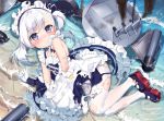  1girl armpit_crease azur_lane bangs bare_shoulders beach belchan_(azur_lane) belfast_(azur_lane) blue_choker blush burnt_clothes buttons caustics choker closed_mouth day dress embarrassed eyebrows_visible_through_hair frilled_dress frills from_above long_hair looking_at_viewer machinery maid maid_headdress mamemena mary_janes one_side_up outdoors pantyhose partially_submerged ribbon_choker rudder_footwear shoes sitting sleeveless sleeveless_dress smoke solo swept_bangs torn_clothes torpedo turret violet_eyes water wavy_mouth white_hair white_legwear yokozuwari 