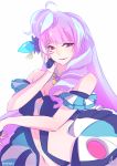  1girl artist_name breasts cleavage hand_on_own_cheek highlights long_hair looking_at_viewer macross macross_delta medium_breasts mikumo_guynemer muki_(mayuiki) multicolored_hair navel one_side_up parted_lips purple_hair red_eyes shiny shiny_hair simple_background sleeveless smile solo upper_body very_long_hair white_background 