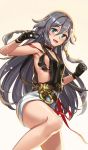  1girl armpits bangs bare_shoulders belt black_gloves black_neckwear black_shirt blue_shorts blush braid breasts clenched_hand cowboy_shot denim denim_shorts eyebrows_visible_through_hair fu_hua_(honkai_impact) gloves grey_hair hair_between_eyes hair_ornament honkai_(series) honkai_impact_3 jewelry leg_up long_hair looking_at_viewer myurumyuru open_mouth ribbon shirt short_shorts shorts sideboob sidelocks small_breasts smile solo standing standing_on_one_leg sunlight thighs yellow_background 