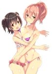  2girls :d akagi_miria asymmetrical_docking bangs bare_arms bare_shoulders bikini black_hair blush bow breast_press breasts brown_eyes closed_mouth collarbone commentary_request covered_nipples cowboy_shot diagonal-striped_bow eyebrows_behind_hair frilled_tankini from_side furrowed_eyebrows hair_between_eyes hair_bow highres idolmaster idolmaster_cinderella_girls jougasaki_mika large_breasts looking_at_viewer lowleg_tankini micro_bikini multiple_girls nape navel open_mouth owafu pink_hair purple_bikini short_hair side-tie_bikini smile string_bikini swimsuit tankini twisted_torso unaligned_breasts yellow_eyes 