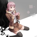  1boy 1girl back-to-back black_hair black_jacket black_legwear brown_jacket brown_skirt dangan_ronpa dress_shirt game_console holding hood hood_down hooded_cardigan jacket kamukura_izuru kkkok_a long_hair miniskirt nanami_chiaki neck_ribbon open_clothes open_jacket pink_eyes pink_hair pleated_skirt red_ribbon ribbon shirt short_hair skirt smile super_dangan_ronpa_2 thigh-highs very_long_hair white_shirt zettai_ryouiki 