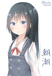  1girl absurdres asashio_(kantai_collection) bangs black_hair blue_eyes blush character_name closed_mouth collared_shirt dress eyebrows_visible_through_hair grey_dress hair_between_eyes hamayuu_(litore) highres kantai_collection long_hair looking_at_viewer neck_ribbon pinafore_dress red_ribbon remodel_(kantai_collection) ribbon school_uniform shirt simple_background sleeveless sleeveless_dress solo upper_body very_long_hair white_background white_shirt 