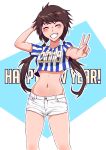  1girl 2019 arm_behind_head arm_up bangs blush brown_hair closed_eyes crop_top english_text grin hairband highres legs long_hair midriff navel new_year original outstretched_arm print_shirt shirt short_shorts short_sleeves shorts simple_background smile solo striped striped_shirt sytokun teamsummoner twintails v watch white_shorts 