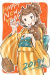  1girl 2019 :d animal animal_ears animal_on_hand animal_on_head back_bow boar boar_ears bow brown_eyes brown_hair chinese_zodiac claw_pose commentary happy_new_year highres japanese_clothes kana_(okitasougo222) kimono long_sleeves looking_at_viewer new_year obi on_head open_mouth orange_kimono original outline red_background sash short_hair smile solo striped vertical-striped_kimono vertical_stripes white_outline wide_sleeves year_of_the_pig 