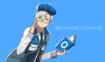  1boy bag blue_neckwear book copyright_name glasses hat male_focus messenger_bag microsoft_office microsoft_outlook necktie personification rosel-d shoulder_bag solo uniform upper_body vest 