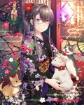  1girl animal animal_on_lap black_hair black_kimono blue_eyes dog egasumi falkyrie_no_monshou floral_print flower glasses hair_flower hair_ornament heterochromia indoors japanese_clothes kimono natsumekinoko official_art open_mouth plant ponytail potted_plant purple_flame red_eyes seiza sidelocks sitting smile watermark wheel wide_sleeves 