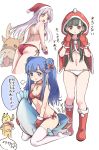  3girls :d absurdres animal asari_nanami ass bangs bikini black_eyes black_hair blue_eyes blue_hair blush boots bow breasts capelet creatures_(company) crossover double_bun elbow_gloves eve_santaclaus eyebrows_visible_through_hair facial_hair fur-trimmed_boots fur-trimmed_gloves fur-trimmed_hat fur_trim game_freak gen_1_pokemon gloves hair_bow hair_ornament hands_up hat highres hood hood_up hooded_capelet idolmaster idolmaster_cinderella_girls knee_boots kobayakawa_sae long_hair looking_at_viewer looking_back multiple_girls mustache navel nintendo no_shoes open_mouth p-head_producer parted_lips pikachu pizzasi pokemon pokemon_(creature) red_bikini red_boots red_bow red_capelet red_footwear red_gloves red_hat reindeer santa_bikini santa_costume santa_hat side_bun silver_hair small_breasts smile snot star star_hair_ornament stuffed_animal swimsuit translation_request twintails very_long_hair white_background white_bikini white_legwear yellow_eyes 