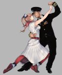  1boy 1girl black_footwear breast_pocket brown_hair dancing dress grey_background grey_hair hand_holding hat high_heels highres kantai_collection kuroinu9 long_sleeves military military_uniform naval_uniform neckerchief peaked_cap pocket ponytail red_footwear red_legwear red_neckwear rudder_footwear saratoga_(kantai_collection) short_hair side_ponytail sidelocks simple_background smokestack_hair_ornament tango uniform white_dress william_halsey_jr 