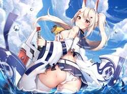  1girl ascot ass ayanami_(azur_lane) azur_lane back bandaid bandaid_on_shoulder bangs bare_shoulders belt black_choker blonde_hair blue_sailor_collar blue_skirt blue_sky blush breasts choker closed_mouth clouds cloudy_sky crop_top crop_top_overhang day detached_sleeves floating_hair glint hair_between_eyes hair_ornament headgear holding holding_sword holding_weapon injury long_hair long_sleeves looking_at_viewer looking_back mamemena medium_breasts midriff miniskirt motion_blur outdoors panties pleated_skirt red_eyes remodel_(azur_lane) ribbon-trimmed_sleeves ribbon_trim sailor_collar school_uniform serafuku shirt side_ponytail sideboob sidelocks skirt sky sleeveless sleeveless_shirt solo sword thigh-highs torn_clothes torn_skirt underwear very_long_hair wading water water_drop weapon white_legwear white_panties white_shirt wide_sleeves yellow_neckwear 