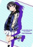 1girl bangs black_hair black_legwear blue_footwear character_name commentary_request copyright_name english_text eyebrows_visible_through_hair hands_in_pockets highres hood hooded_jacket inui_sekihiko jacket looking_at_viewer love_live! love_live!_sunshine!! love_live!_sunshine!!_the_school_idol_movie_over_the_rainbow miniskirt shiny shiny_hair short_hair sidelocks skirt solo spoilers star starry_background striped striped_background violet_eyes watanabe_tsuki 