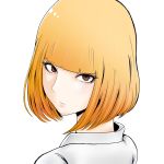  1girl absurdres artist_request bangs blonde_hair blunt_bangs brown_eyes eyelashes frown highres looking_at_viewer looking_back midorikawa_hana nape prison_school shirt short_hair upper_body white_background white_shirt 