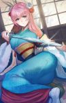  1girl bangs blue_eyes earrings eyebrows_visible_through_hair fire_emblem fire_emblem_heroes flower full_body fur_trim gradient_hair gunnthra_(fire_emblem) hair_flower hair_ornament highres holding holding_sword holding_weapon indoors japanese_clothes jewelry katana kimono kokouno_oyazi long_hair long_sleeves lying multicolored_hair nintendo no_hat no_headwear obi on_side pink_hair rose sash smile snowflake_print solo sword tree weapon wide_sleeves window 