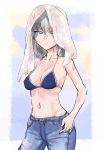  1girl bangs bikini blue_bikini blue_eyes blue_pants casual closed_mouth collarbone commentary cowboy_shot denim eyebrows_visible_through_hair frown girls_und_panzer half-closed_eyes hands_in_pockets highres itsumi_erika jeans long_hair looking_at_viewer navel no_shirt pants silver_hair solo standing sweat swimsuit toku_(yhpv8752) torn_clothes torn_jeans torn_pants towel towel_on_head 
