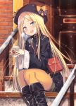  1girl :d abigail_williams_(fate/grand_order) bag bangs belt black_bow black_coat black_footwear black_hat black_nails blonde_hair blue_eyes blush boots bow buttons coat cup day door fate/grand_order fate_(series) fur-trimmed_coat fur_trim green_shorts handbag hat hat_bow holding holding_cup kokusan_moyashi long_hair looking_at_viewer nail_polish open_mouth orange_bow orange_legwear outdoors pantyhose parted_bangs polka_dot polka_dot_bow shorts sitting sleeves_past_wrists smile snow solo stairs steam very_long_hair yellow_nails 