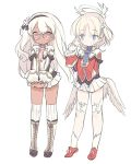  2girls angel bangs black_hairband blade_(galaxist) blonde_hair blue_eyes boots closed_mouth dark_skin eyebrows_visible_through_hair feathered_wings glasses hairband halo hand_up jacket knee_boots long_hair long_sleeves low_wings lucifer_(pop-up_story) meriel_(pop-up_story) multiple_girls over-kneehighs pink_eyes pleated_skirt pointy_ears pop-up_story red_jacket school_uniform short_hair simple_background skirt sleeves_past_wrists st._feles_gakuen_uniform standing thigh-highs very_long_hair what_if white_background white_footwear white_hair white_jacket white_legwear white_skirt white_wings wings 