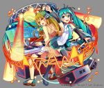  2girls :d absurdly_long_hair ahoge ankle_strap aqua_eyes aqua_nails back-to-back black_footwear black_skirt blonde_hair blush boots collared_shirt crop_top detached_sleeves dj gradient_hair green_hair grey_background hair_between_eyes hatsune_miku hatsune_miku_(vocaloid3) headset highres holding holding_microphone jewelry long_hair microphone monitor multicolored_hair multiple_girls musical_note nail_polish necklace necktie nou official_art open_mouth orange_eyes phonograph pleated_skirt pointing red_nails sandals see-through_sleeves shirt short_shorts shorts shoumetsu_toshi_2 skirt smile speaker stage_lights thigh-highs thigh_boots tie_clip transparent_jacket turntable twintails very_long_hair vocaloid watermark waveform white_shirt white_shorts wristband 