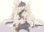  1boy 5girls :d animal_ears bangs black_footwear black_jacket black_legwear black_pants blade_(galaxist) blonde_hair blue_eyes blush boots brown_hair cat_ears closed_eyes commander_(girls_frontline) commentary_request dress elbow_gloves eyebrows_visible_through_hair faceless faceless_male g41_(girls_frontline) girls_frontline gloves gradient gradient_background grey_background hair_between_eyes hair_ornament harem heart heterochromia hug jacket long_hair multiple_girls multiple_persona open_mouth panties pants red_eyes smile spoken_heart thigh-highs underwear very_long_hair white_background white_dress white_panties 