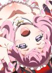  1girl :d animal_ears animare bangs bat_ears bat_ornament blurry blush breasts claw_pose cleavage collarbone commentary depth_of_field detached_collar fangs headdress heart heart-shaped_pupils highres large_breasts long_hair looking_at_viewer mitsuda_hajime nail_polish open_mouth pink_hair pink_nails smile solo symbol-shaped_pupils umori_hinako upside-down violet_eyes virtual_youtuber 