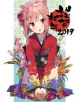  1girl 2019 :d absurdres animal_ears bangs blush braid brown_flower brown_hair chinese_zodiac commentary_request eyebrows_visible_through_hair fingernails floral_print flower hair_flower hair_ornament happy_new_year head_tilt highres japanese_clothes kanzarin_(hoochikiss) kimono long_sleeves looking_at_viewer new_year obi open_mouth original pig_ears pink_flower print_kimono red_eyes red_flower red_kimono sash seiza sitting smile solo translated white_flower wide_sleeves year_of_the_pig 