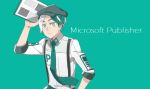  1boy aqua_eyes cabbie_hat closed_mouth copyright_name green_hair green_pants hat looking_at_viewer male_focus microsoft_office microsoft_publisher multicolored_hair pants personification rosel-d solo suspenders two-tone_hair upper_body white_hair 