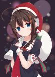  1girl ahoge blue_eyes braid brown_hair fingerless_gloves gloves hair_between_eyes hair_flaps hair_ornament hat highres kantai_collection looking_at_viewer santa_hat shigure_(kantai_collection) single_braid smile solo yoriha_yashiro 