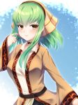  1girl alternate_costume amane_(230075) bangs belt blush breasts brown_jacket c.c. choker closed_mouth code_geass code_geass:_fukkatsu_no_lelouch commentary_request eyebrows_visible_through_hair green_hair hand_up highres jacket large_breasts long_hair looking_at_viewer red_choker shirt sidelocks simple_background smile solo upper_body white_shirt yellow_eyes 