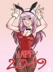  1girl 2019 animal_ears arms_up bangs beatrice_winfield blush bow bowtie breasts brown_legwear bunny_girl bunnysuit cleavage commentary cowboy_shot dalehan detached_collar english_commentary eyebrows_visible_through_hair fake_animal_ears happy_new_year highleg highleg_leotard leotard lips lipstick long_hair makeup medium_breasts new_year original pantyhose pink_background pink_eyes pink_hair rabbit_ears red_leotard strapless strapless_leotard swept_bangs wrist_cuffs 
