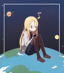  1girl black_legwear blonde_hair bural_chingu cellphone earth eighth_note full_body giantess highres holding holding_cellphone holding_phone lee_ji-min long_hair luke_(dydansgur) musical_note necktie pantyhose phone planet red_eyes sitting skirt smartphone smile solo space 