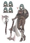  1girl armor armored_boots armored_gloves axe bangs belt belt_buckle bird bird_request boots breasts buckle cape character_sheet closed_mouth commentary_request expressions full_body greaves green_eyes green_hair highres holding holding_weapon jun_(seojh1029) leather leather_pants looking_at_viewer medium_breasts multiple_views original pants pauldrons simple_background smile solo standing strap studded_belt vambraces weapon white_background white_cape 