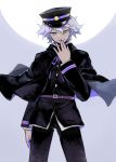  1boy alternate_costume belt black_cape black_jacket black_legwear brown_belt cape cape_lift closed_mouth commentary_request dangan_ronpa finger_to_mouth green_eyes hair_between_eyes hat holding jacket kame4282 komaeda_nagito looking_down male_focus multicolored multicolored_background multicolored_clothes multicolored_hat open_eyes pink_ribbon ribbon short_hair simple_background smile solo super_dangan_ronpa_2 uniform white_hair 