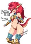  1girl armlet armor boots breasts dragon_girl dragon_half dragon_horns dragon_tail elbow_gloves gauntlets gloves highres horns long_hair looking_at_viewer mink_(dragon_half) red_eyes redhead sanemichi_hajime simple_background solo tail thigh-highs 