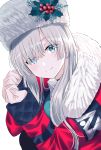  1girl anastasia_(fate/grand_order) bangs blue_eyes closed_mouth commentary_request eyebrows_visible_through_hair fate/grand_order fate_(series) fingernails fur_collar fur_hat hair_over_one_eye hands_up hat head_tilt jacket long_hair long_sleeves looking_at_viewer myusha open_clothes open_jacket red_jacket silver_hair sleeves_past_wrists smile solo ushanka white_background white_hat 