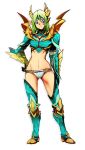  1girl armor bikini_armor blue_eyes boots contrapposto dragon_horns facial_mark gauntlets green_hair hand_on_hip heart horns monster_hunter monster_hunter_portable_3rd monster_hunter_xx navel o.m panties scales short_hair shoulder_spikes simple_background solo spikes standing thigh-highs underwear white_background white_panties zinogre_(armor) 