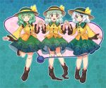  3girls aqua_background black_hat blush_stickers boots bow brown_footwear brown_legwear closed_mouth frilled_sleeves frills full_body green_eyes green_hair green_hat green_skirt grey_eyes hand_holding hand_up hands_up hat hat_bow heart heart_of_string itatatata komeiji_koishi leg_up long_sleeves looking_at_viewer loose_socks medium_hair multiple_girls multiple_persona open_mouth shirt skirt smile stained_glass standing standing_on_one_leg touhou wavy_hair white_hair wide_sleeves yellow_bow yellow_shirt 