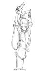  1girl bangs blunt_bangs boots breasts commentary_request dress fingerless_gloves gloves hair_tie headgear highres holding_own_foot jitome kantai_collection kotoyama leg_up long_hair monochrome murakumo_(kantai_collection) necktie sailor_dress sidelocks sketch small_breasts solo split standing standing_on_one_leg standing_split translation_request 