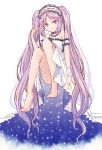  1girl absurdly_long_hair arm_strap barefoot choker dress euryale fate/hollow_ataraxia fate_(series) full_body hairband lolita_hairband long_hair looking_at_viewer mishiro_(andante) purple_hair simple_background sitting sketch sleeveless sleeveless_dress smile solo strapless strapless_dress twintails very_long_hair violet_eyes white_background white_dress 