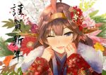  1girl :d ahoge bangs blurry blurry_background blush brown_hair clenched_hands commentary_request eyebrows_visible_through_hair floral_background floral_print flower hair_between_eyes hair_flower hair_ornament hairband hands_up happy_new_year headgear highres japanese_clothes kantai_collection kimono kongou_(kantai_collection) konkito long_hair long_sleeves looking_at_viewer new_year one_eye_closed open_mouth sidelocks smile solo translated violet_eyes 