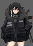  1girl arm_at_side bandaid bandaid_on_face black_coat black_hair black_scarf closed_eyes coat contrapposto cowboy_shot dw expressionless fur-trimmed_coat fur_trim grey_background gun hair_ornament hairclip hand_on_hip head_tilt highres long_hair long_sleeves looking_at_viewer multicolored_hair original pocket red_eyes scarf side_ponytail simple_background sketch solo streaked_hair unzipped weapon weapon_on_back white_background 