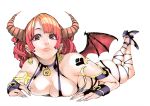  1girl absurdres aka_shiro_kiiro bangs breasts chromatic_aberration demon_girl demon_horns demon_wings earrings highres horns jewelry large_breasts long_hair lying on_stomach original pointy_ears red_eyes redhead simple_background smile solo white_background wings 